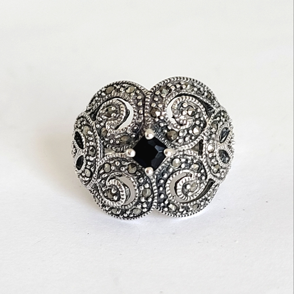 Vintage Boho Chunky Marcasite Crystal Black Onyx Filigree Sterling Silver Ring